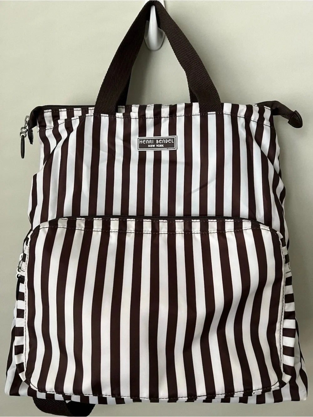 Henri Bendel Brown and White Striped packable backpack, lightweight, zip around